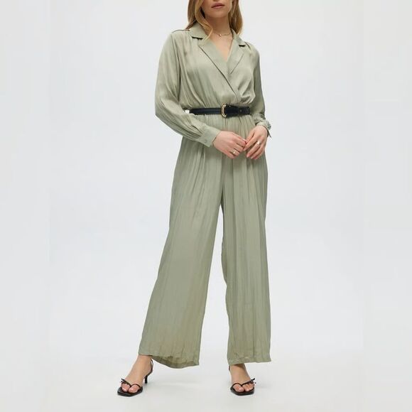 JOIE Pants - Joie Women Sage Green Long Sleeve Collared Belted Relaxed Jumpsuit Sz S